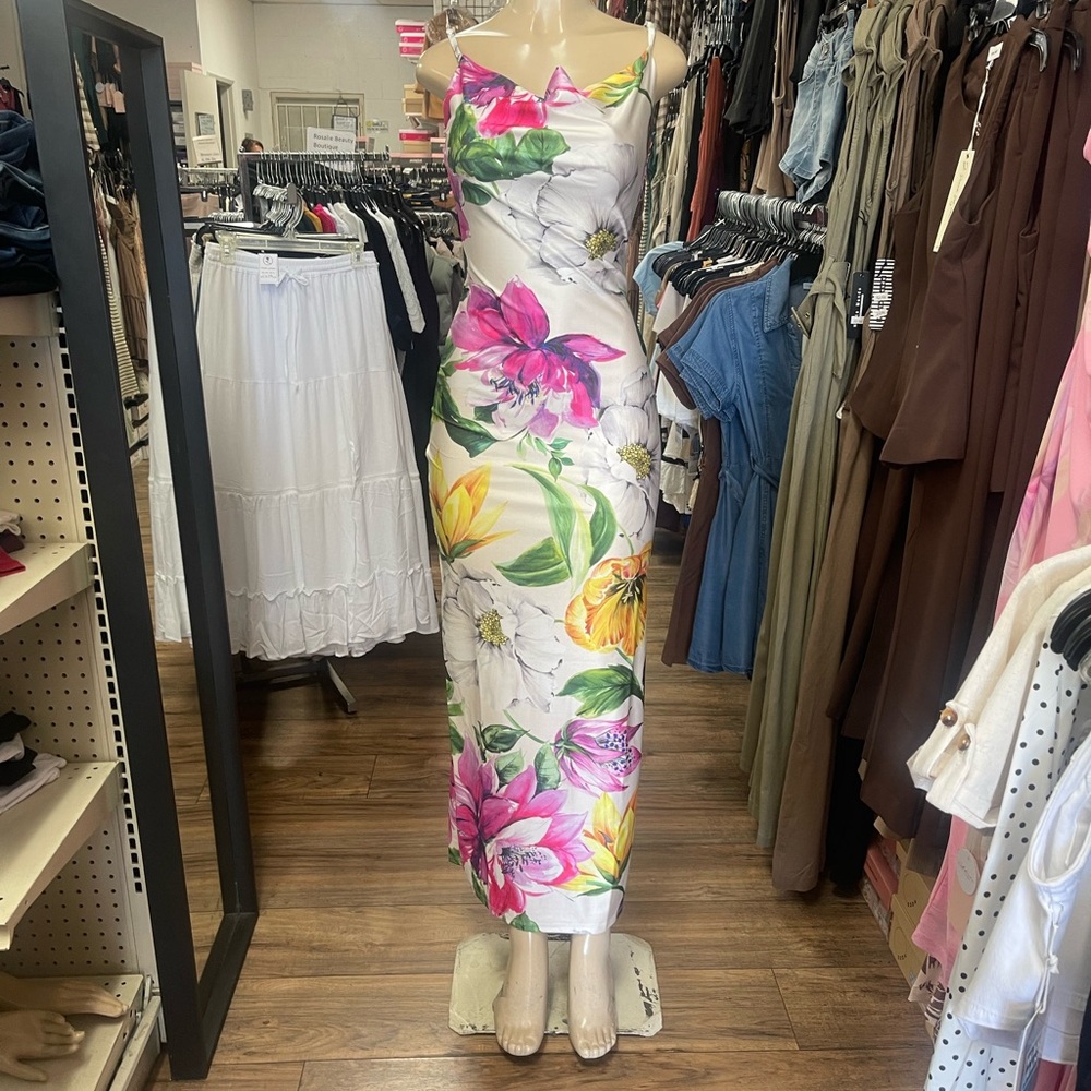 Floral Slip Maxi Dress in White with Pink & Yellow Blooms